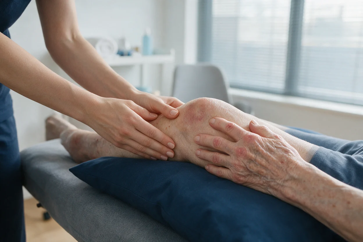 Supportive hands-on care for painful arthritic joints in a calm clinic room