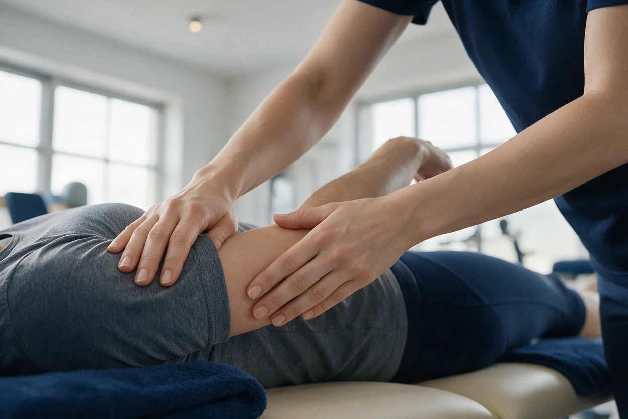 Physiotherapist treating a patient's knee at EW Physio, Bury St Edmunds