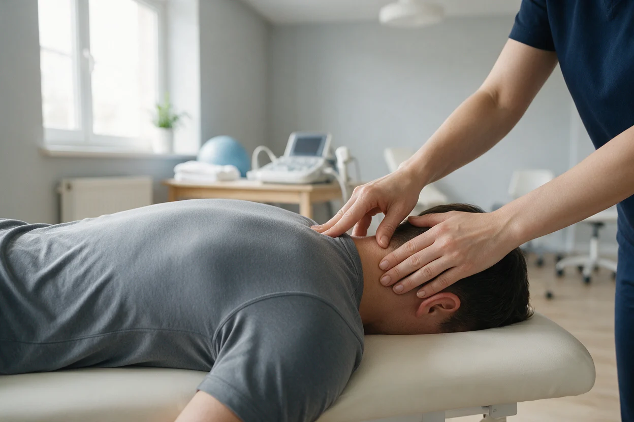 Close-up of manual therapy on the upper neck during a physiotherapy session