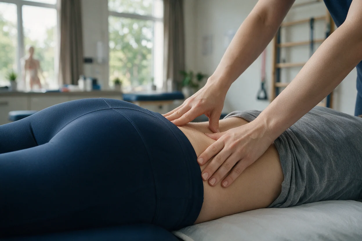 Mobilisation of a patient's lower back during a physiotherapy session