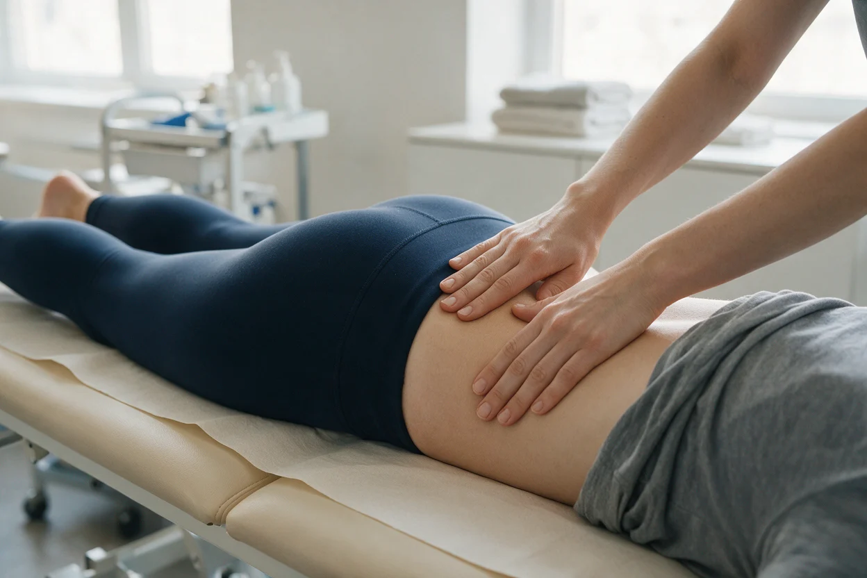 Low back pain treatment on a couch at the physiotherapy clinic in Bury St Edmunds