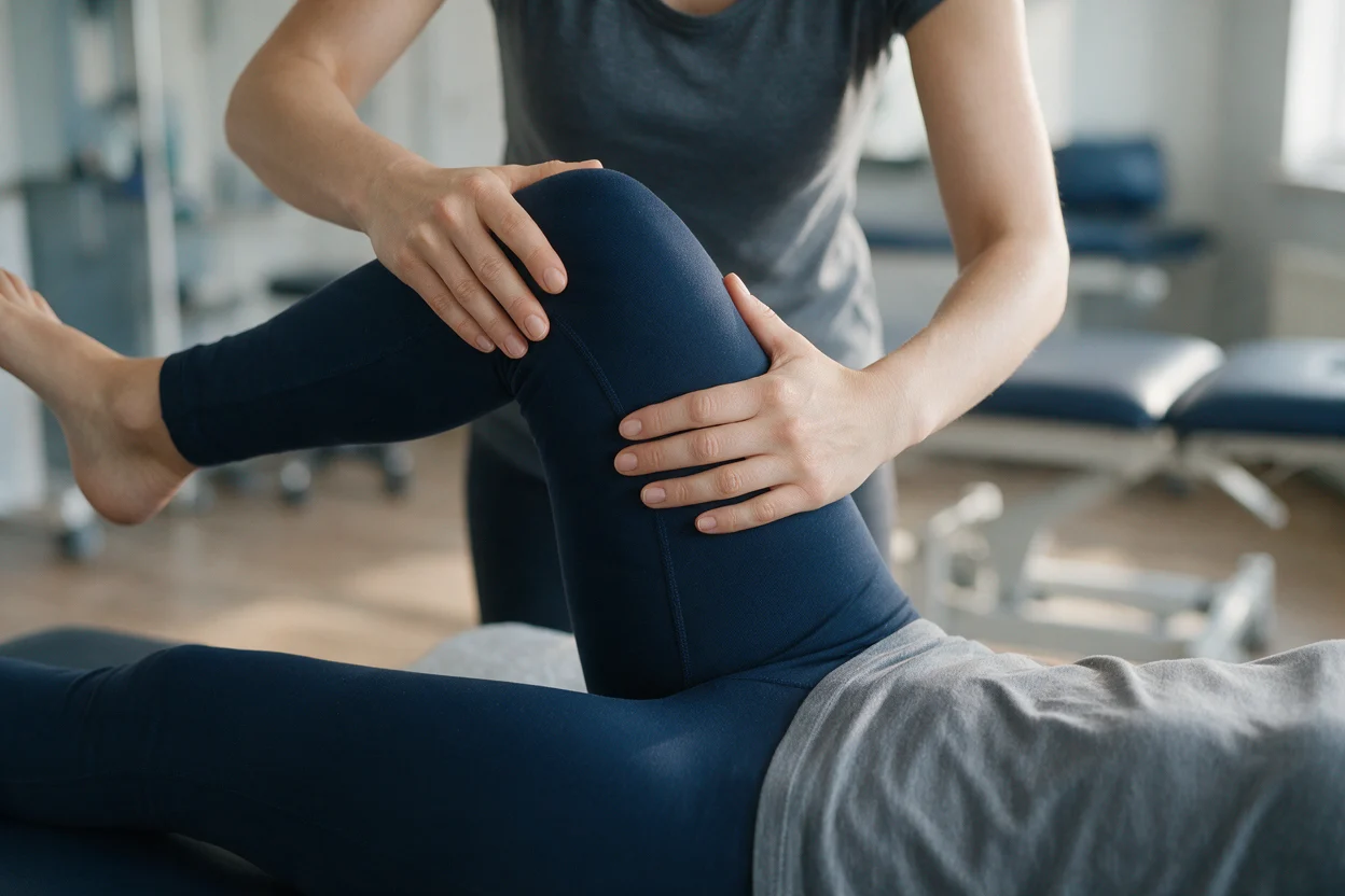 Checking hip range of movement as part of a physiotherapy assessment