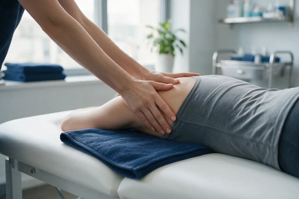 Physiotherapist assessing a patient's range of movement at EW Physio, Bury St Edmunds
