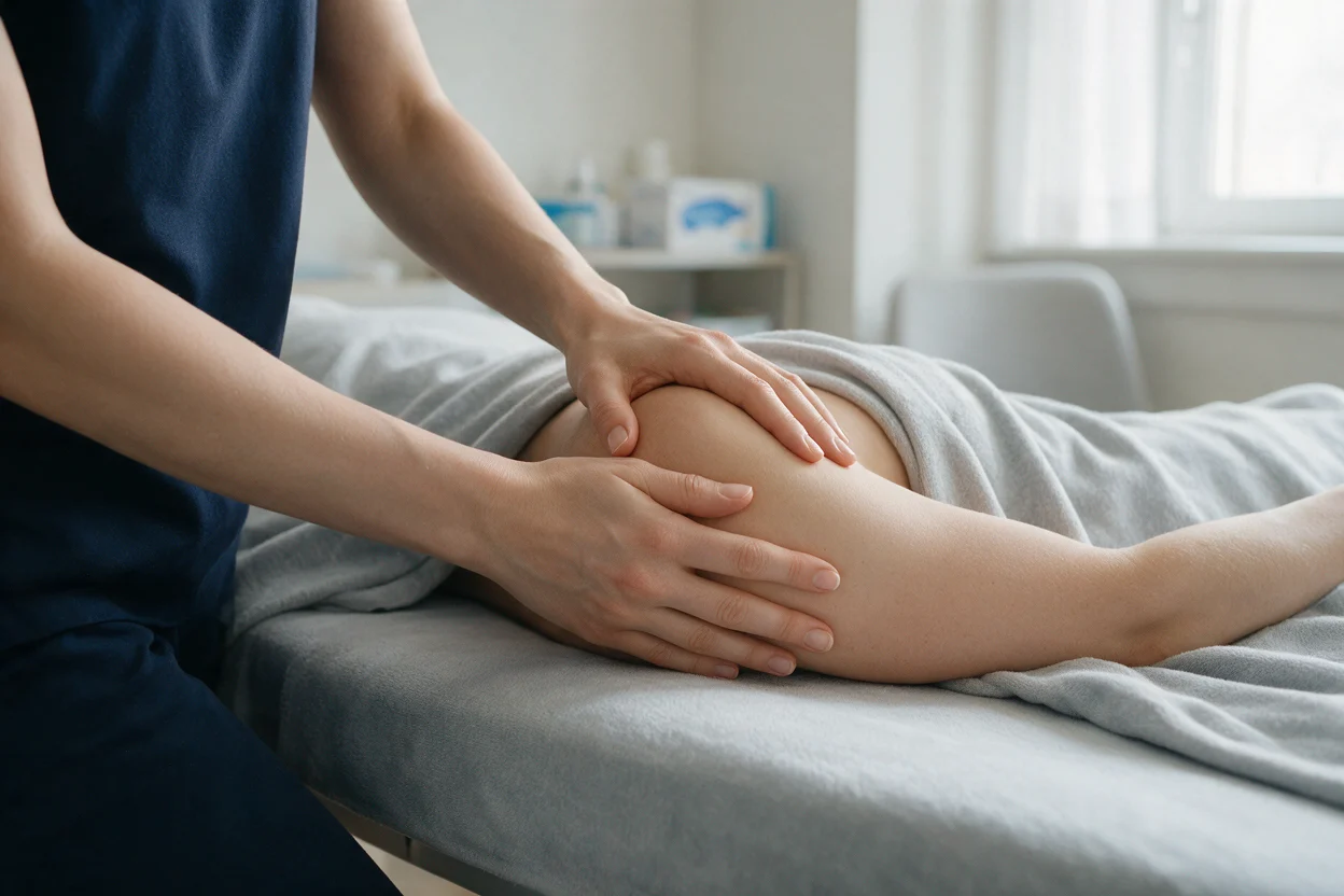Physiotherapist assessing a patient's shoulder at EW Physio, Bury St Edmunds