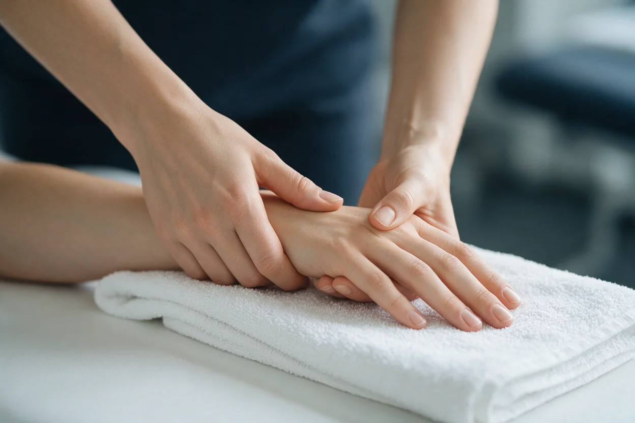 Physiotherapist treating a patient's wrist and forearm at EW Physio, Bury St Edmunds