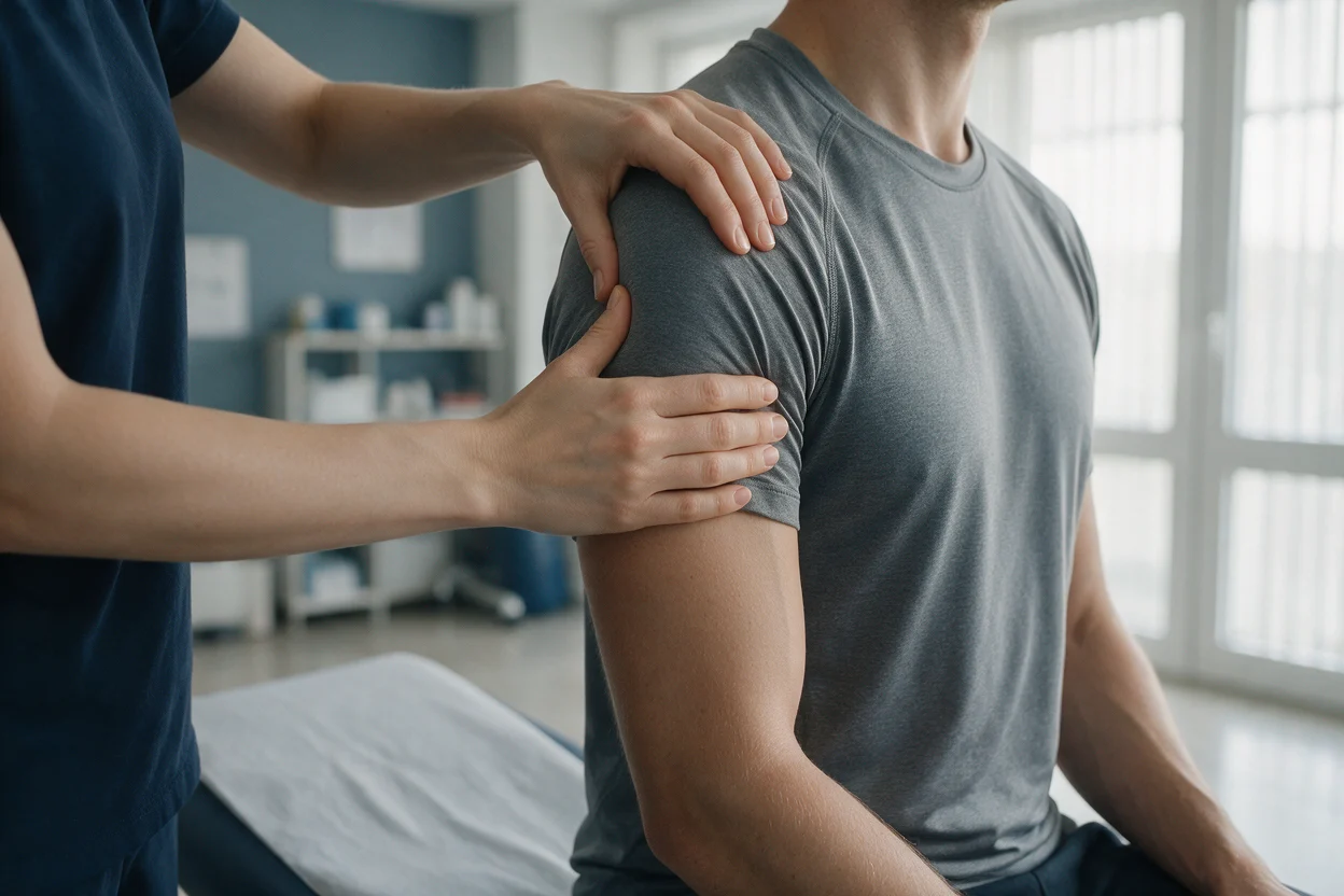 Manual therapy applied to a stiff shoulder joint in the clinic treatment room