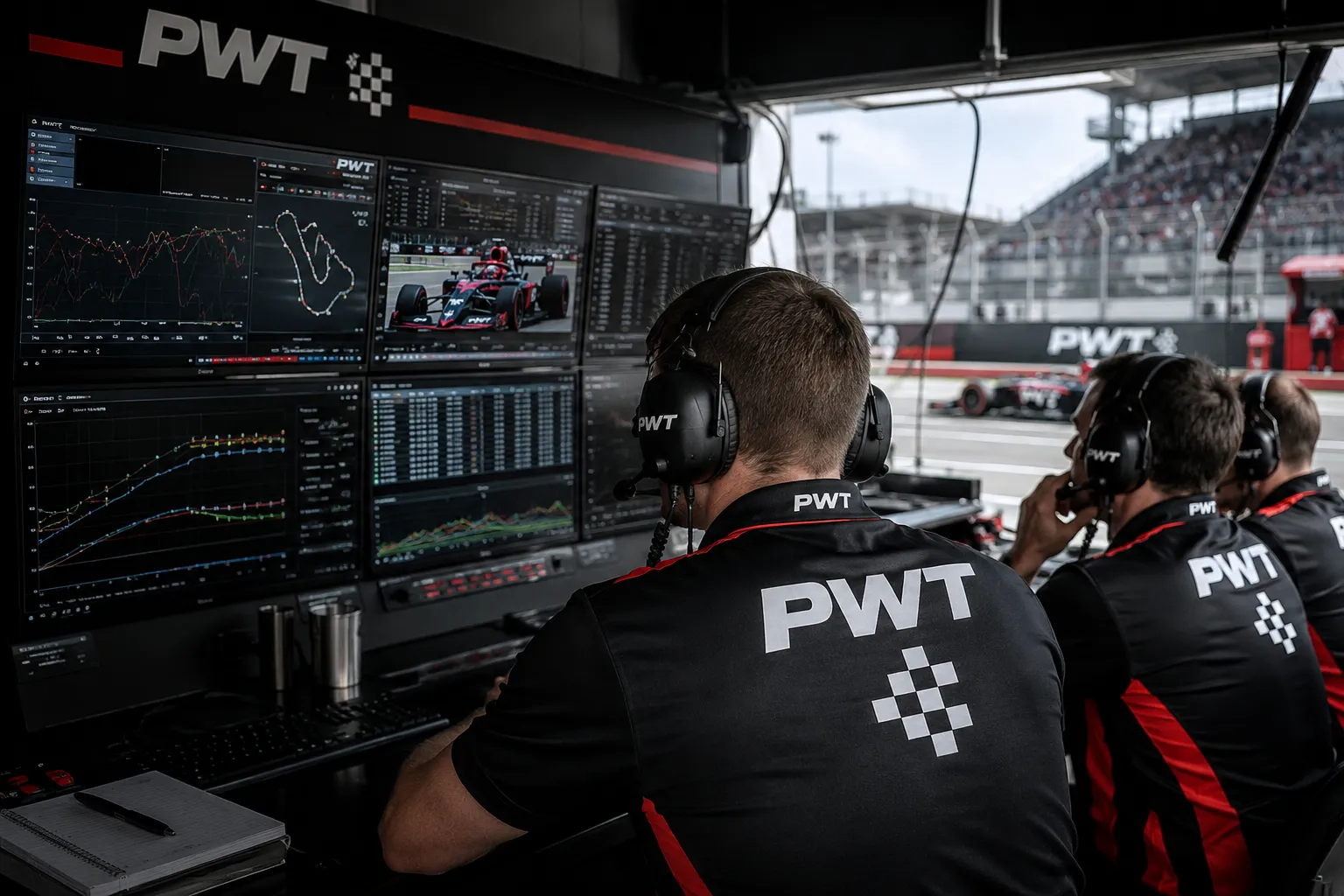 PWT race engineers reading telemetry on the pit wall during a session.