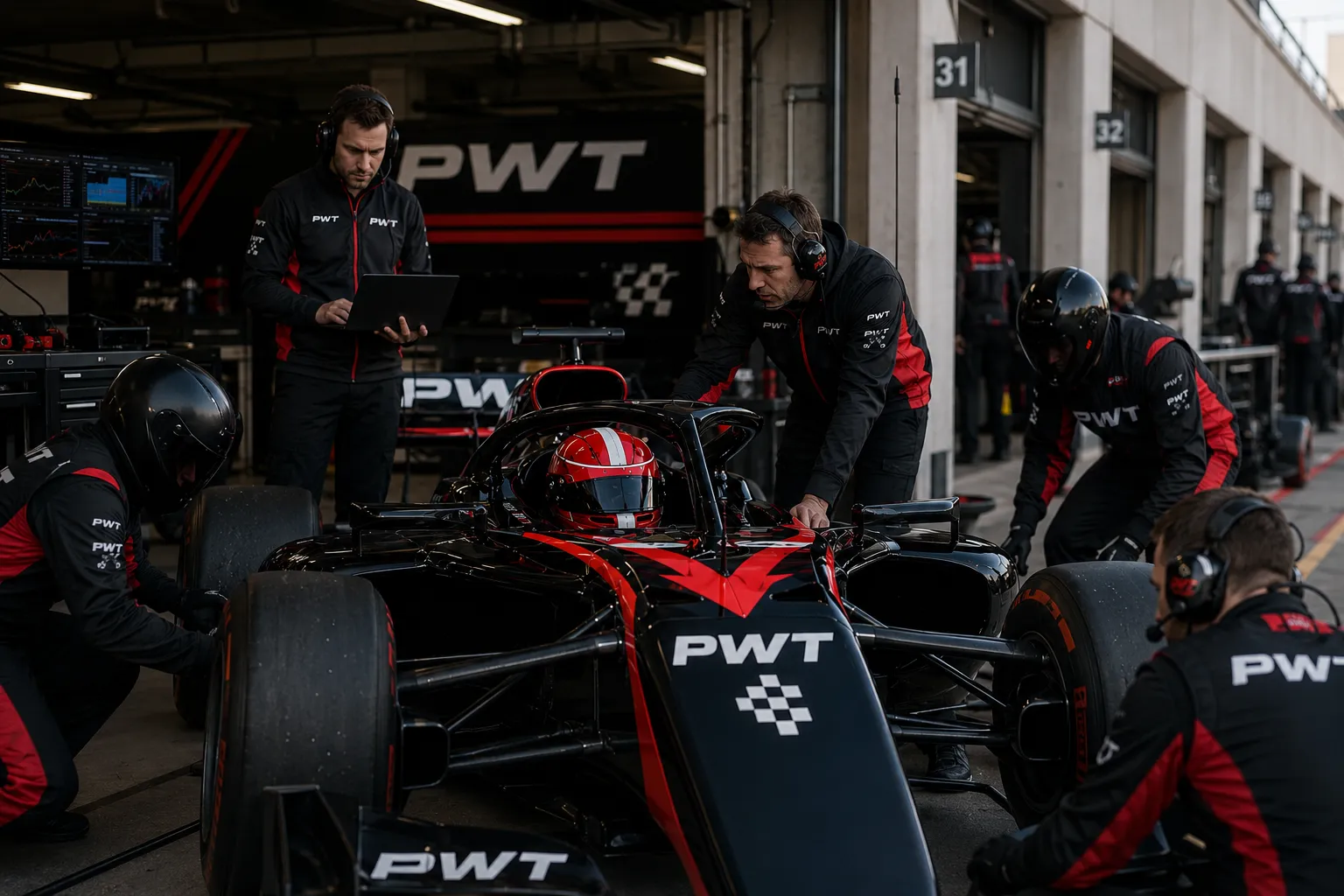 PWT mechanics and engineers working around the car in the garage.