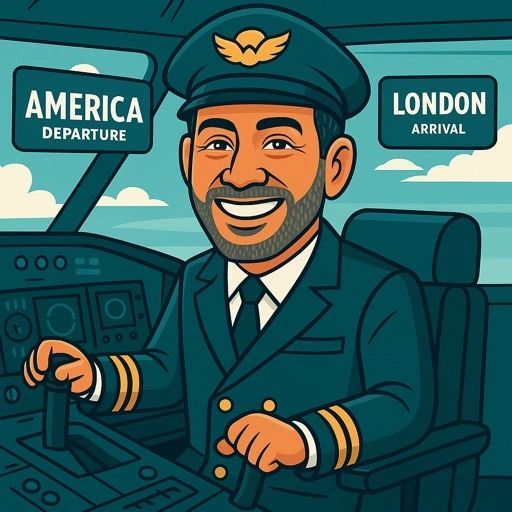 An AI-generated title slide showing Rich as an airline captain flying from America to London