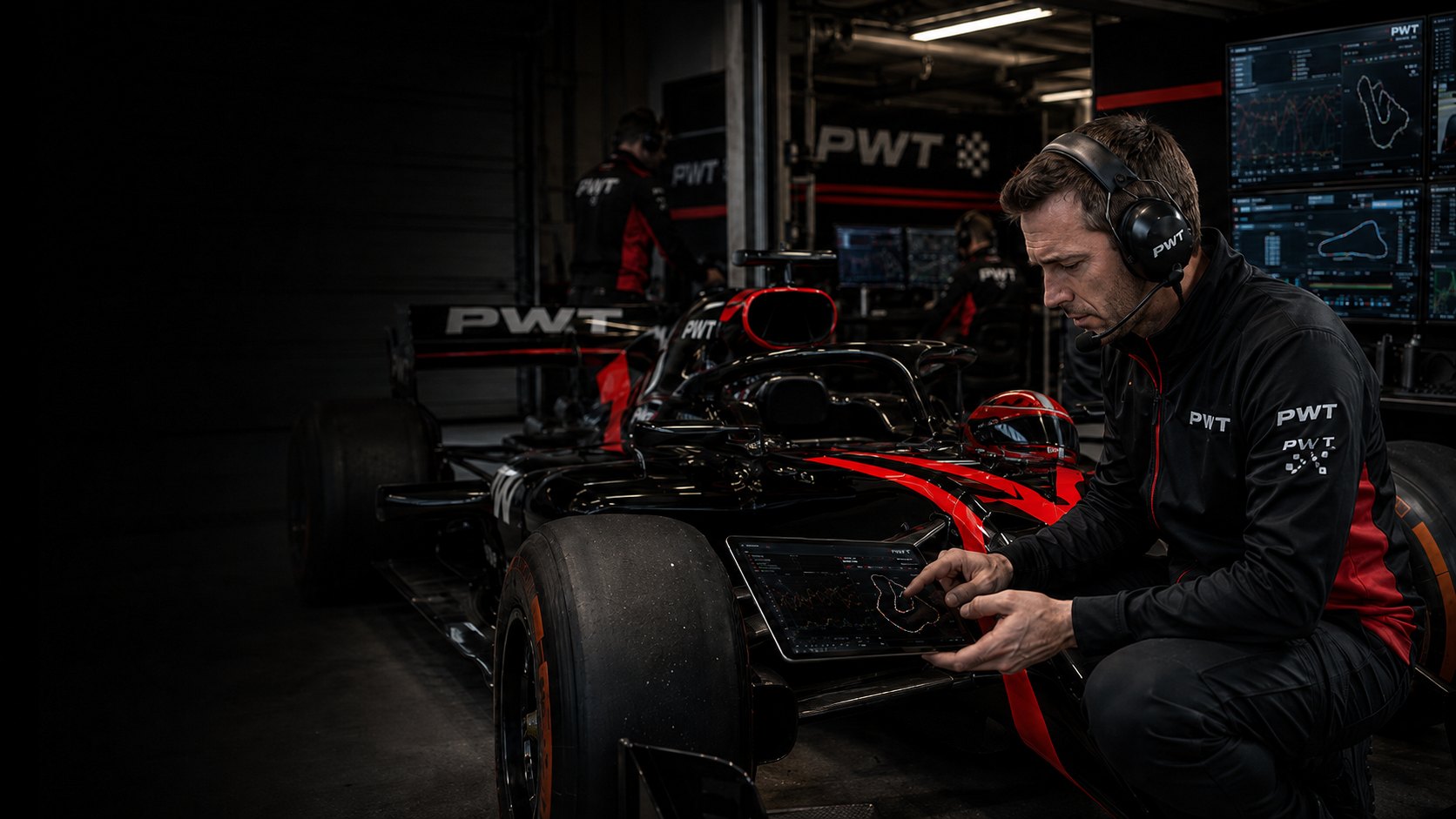 A PWT race engineer in the garage reading telemetry on a tablet, timing screens behind him.