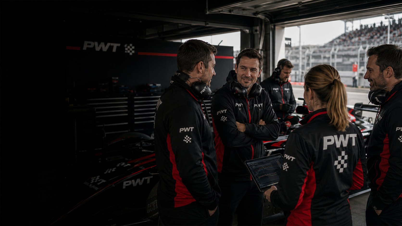 Four PWT engineers talking together in the garage doorway, one holding a tablet, the pit lane behind them.