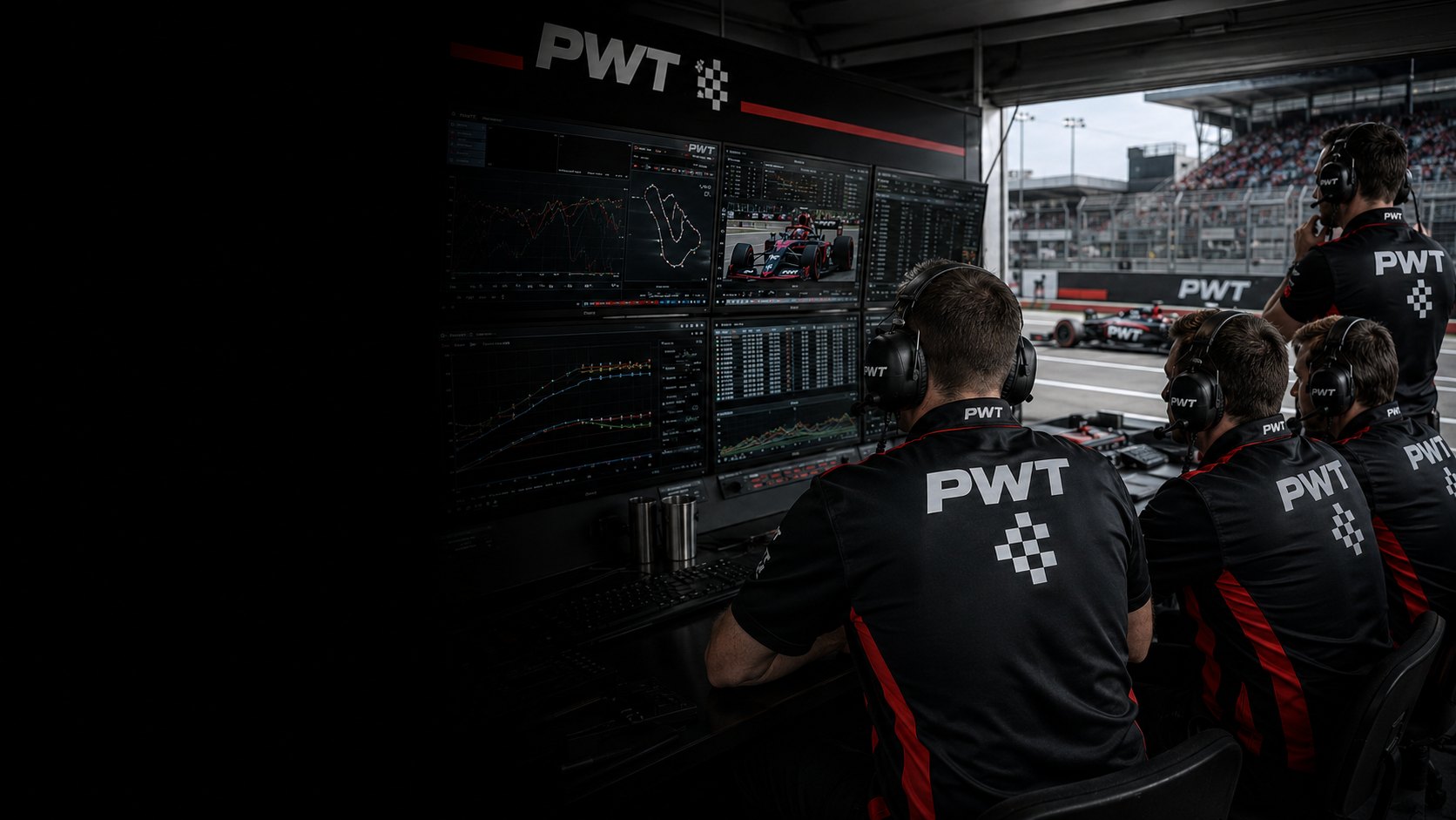 A PWT pit wall during a session, engineers watching live telemetry and timing screens with the track beyond.