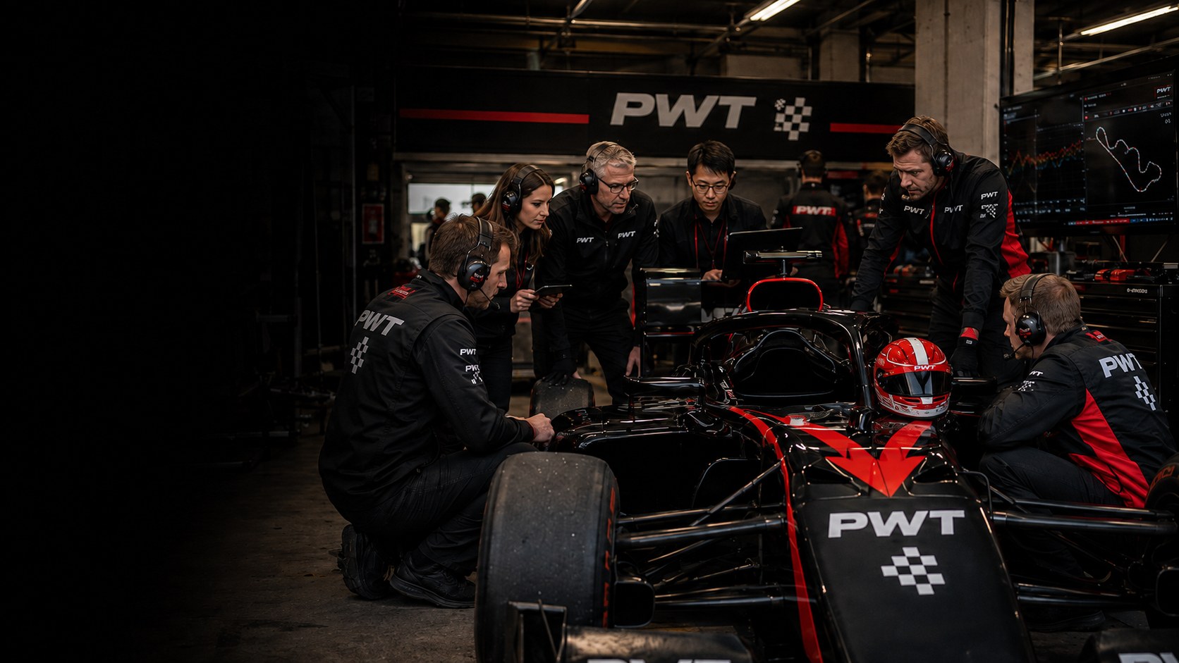 A PWT crew gathered around the car in the garage, working through the setup together before a session.