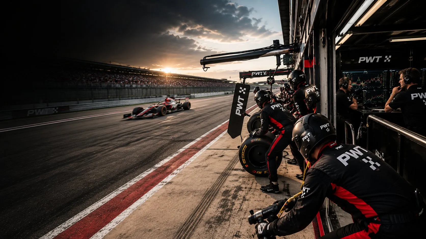 A PWT pit crew waiting on the wall at sunset as the car comes down the pit straight, engineers watching timing screens behind them.