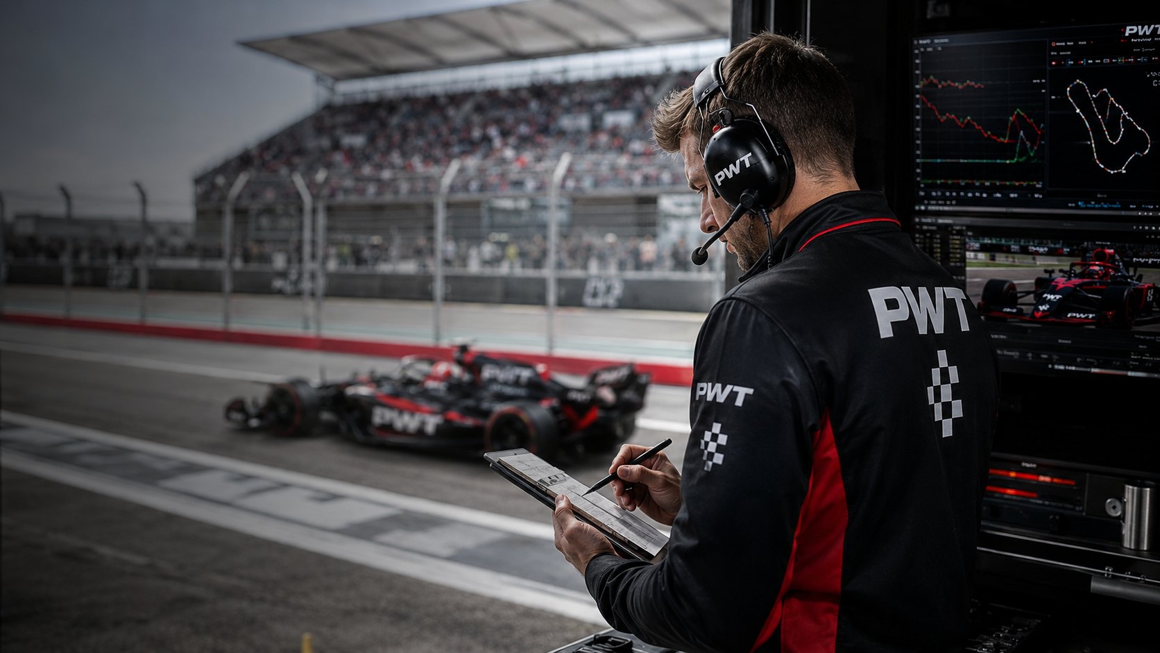 A PWT race engineer trackside, making notes on a tablet as the car passes, timing screens beside him.
