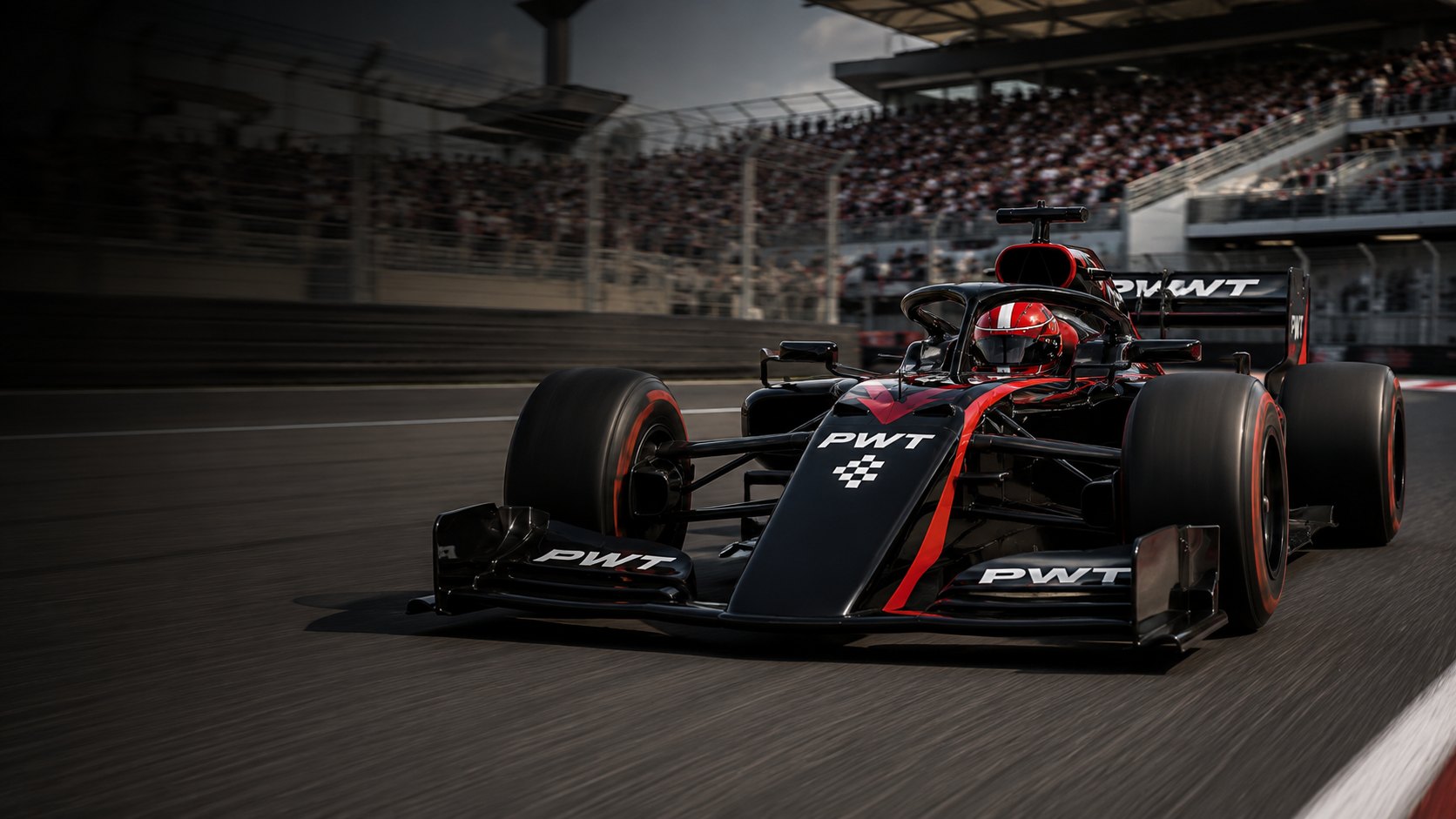 A PWT car at racing speed down the main straight, grandstands full behind it.