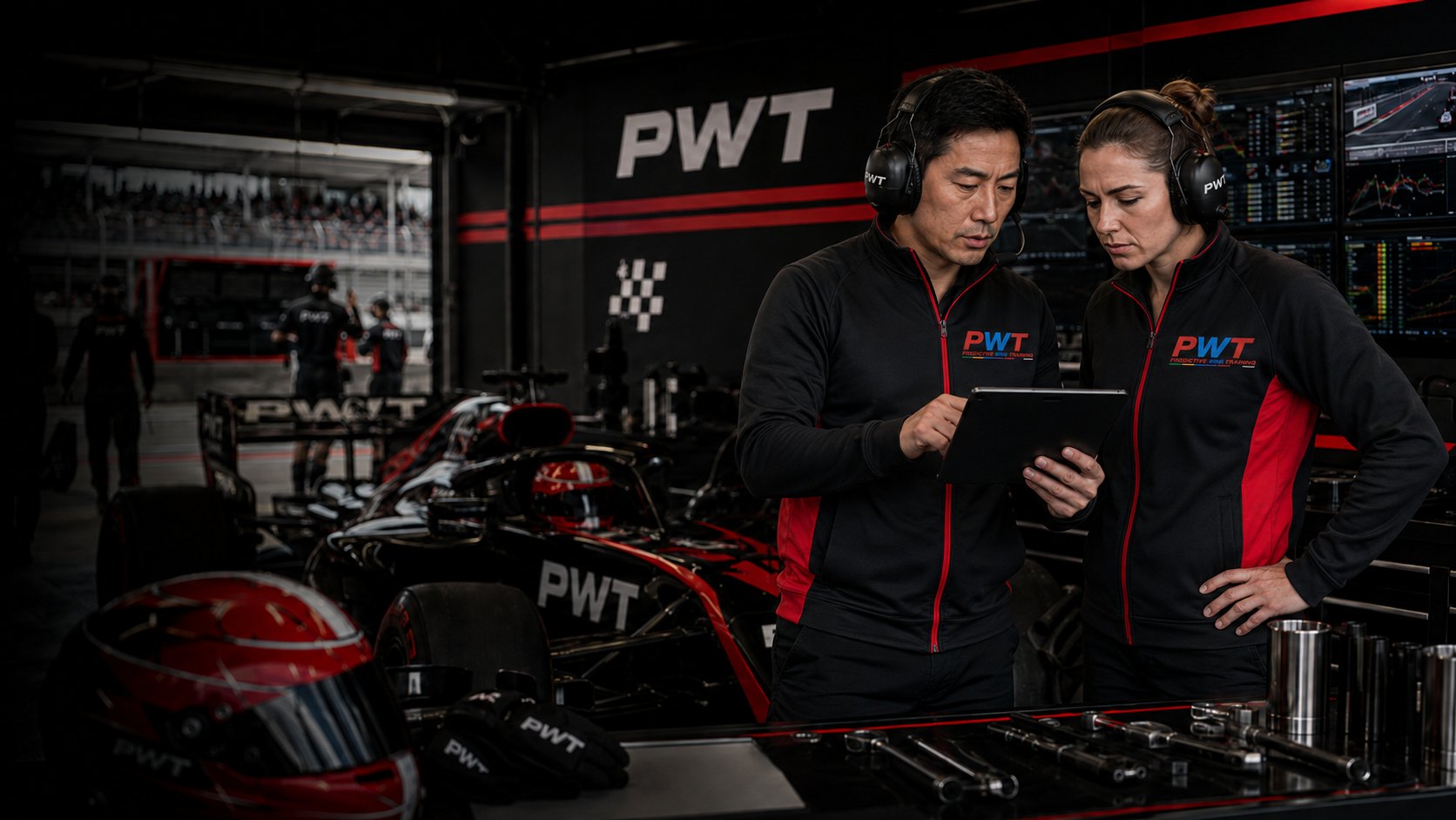 Two PWT engineers in the garage going through the numbers on a tablet before a session, the car behind them.