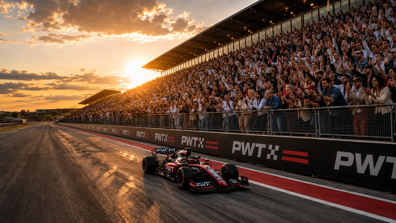 A packed grandstand on its feet at sunset as a PWT car crosses the line.