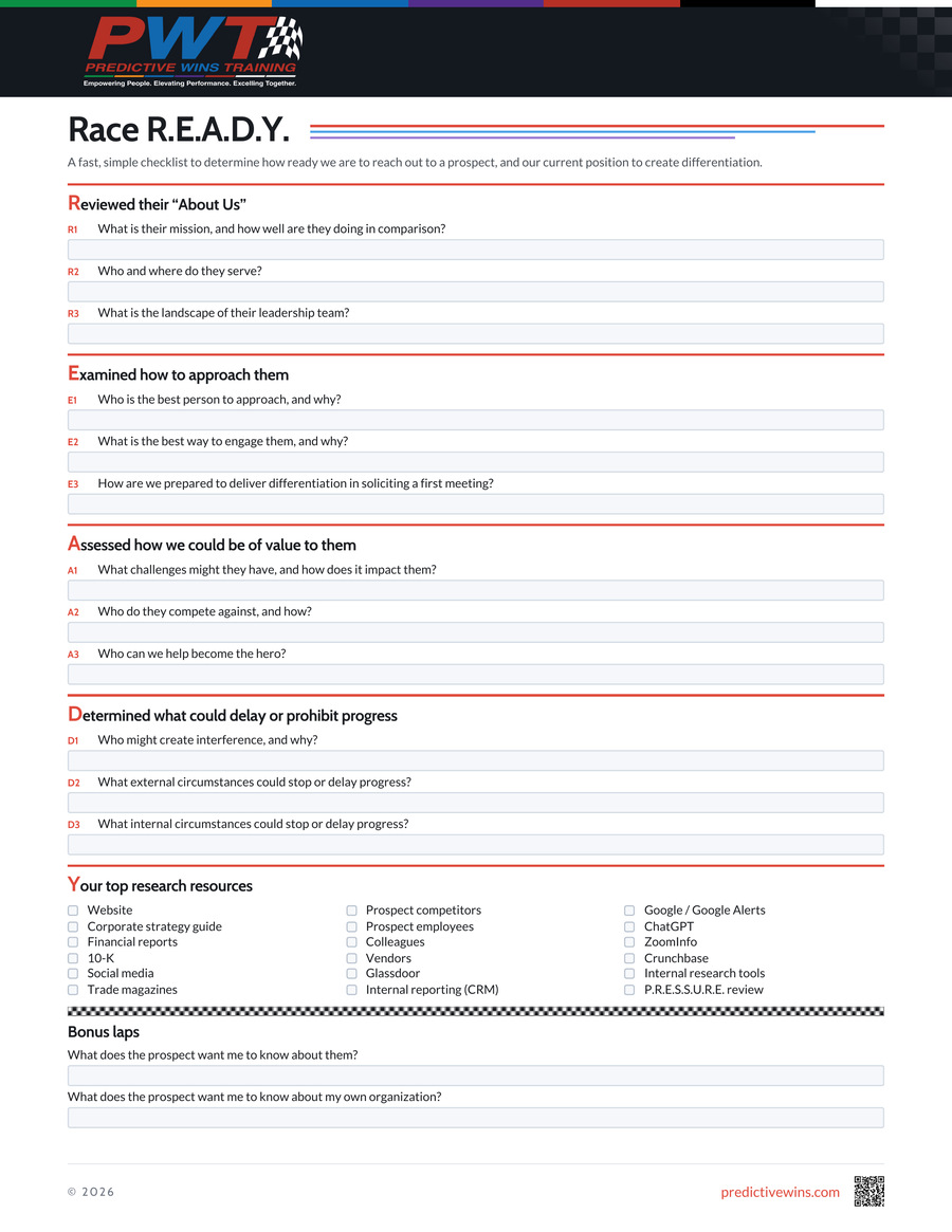 Preview of the Predictive Wins Race R.E.A.D.Y. checklist