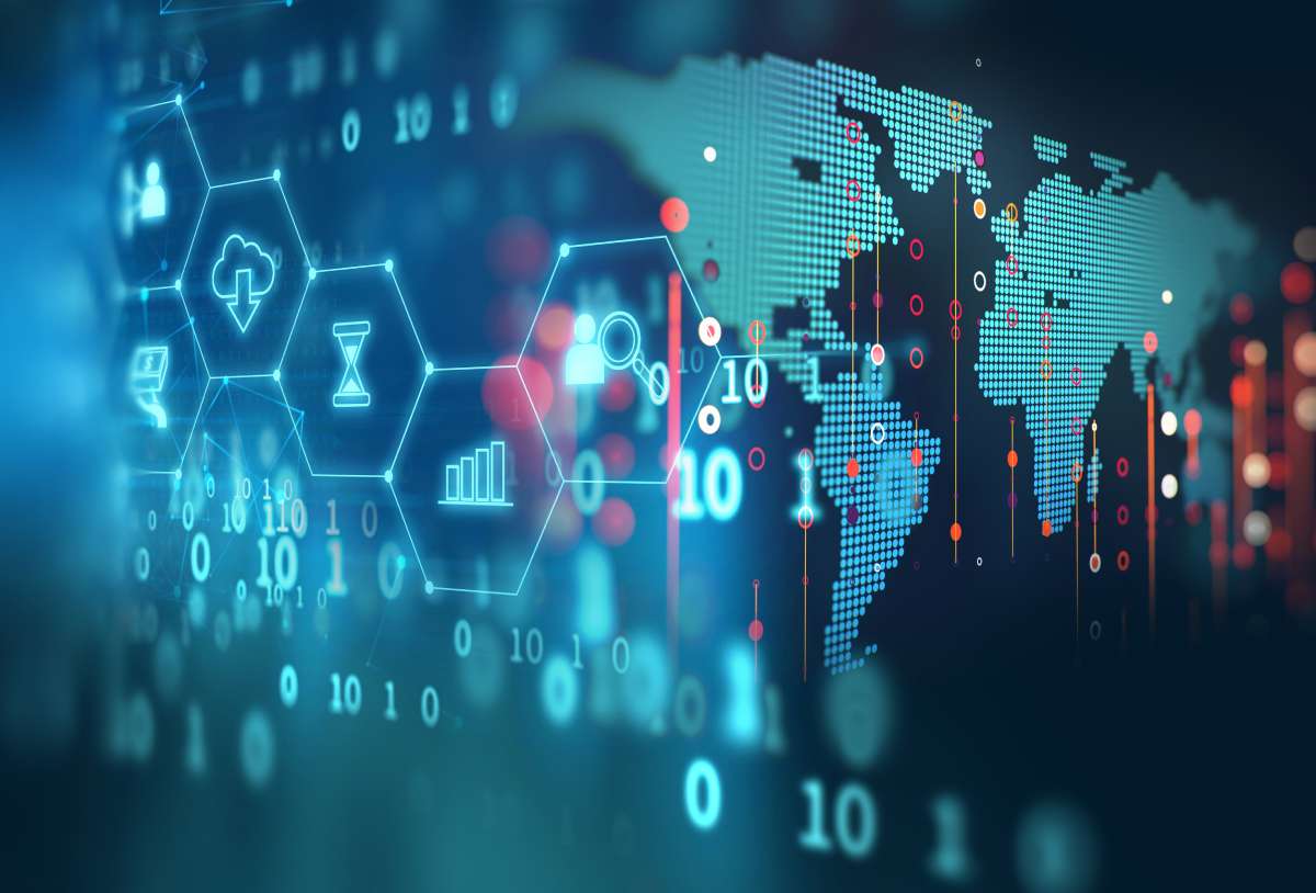 A concept image showing layers of digital screens with a variety of readouts, including banking icons and a world map.