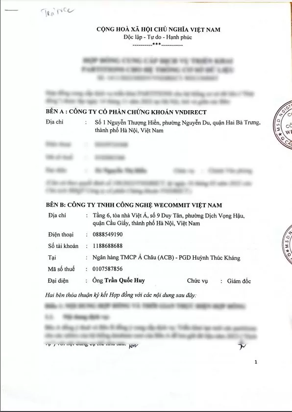 Hợp đồng giữa Wecommit và Công ty Cổ phần Chứng khoán VNDIRECT