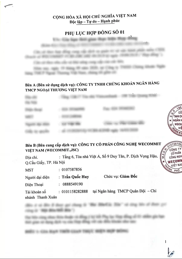 Hợp đồng giữa Wecommit và Công ty TNHH Chứng khoán Ngân hàng TMCP Ngoại Thương Việt Nam (VCBS)