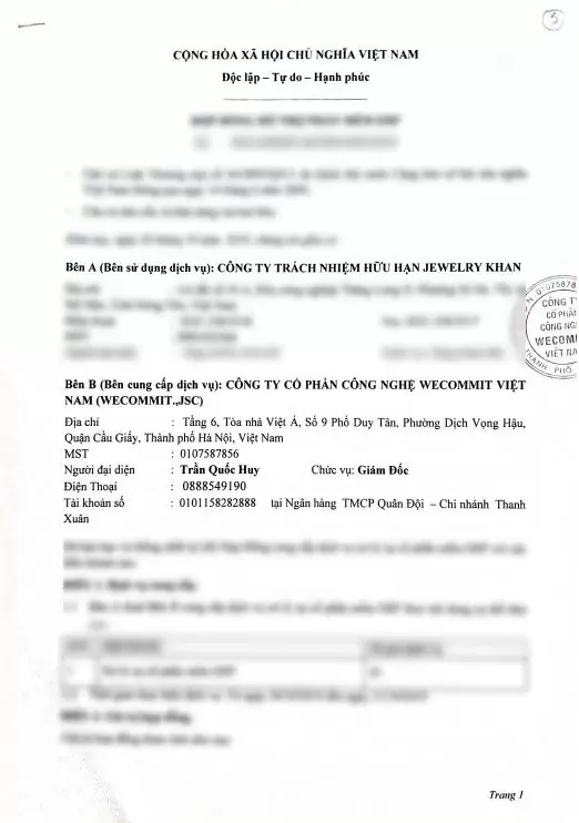 Hợp đồng giữa Wecommit và Công ty TNHH JEWELRY KHAN