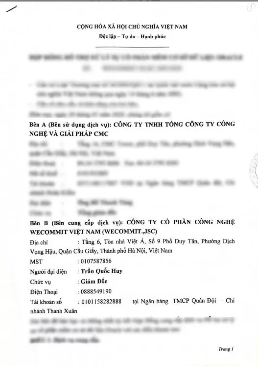 Hợp đồng giữa Wecommit và Công ty TNHH tổng công ty công nghệ và giải pháp CMC