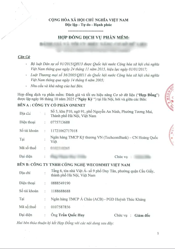 Hợp đồng giữa Wecommit và Công ty cổ phần ONENET
