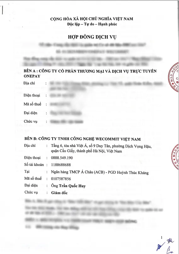 Hợp đồng giữa Wecommit và Công ty cổ phần thương mại & dịch vụ trực tuyến ONEPAY