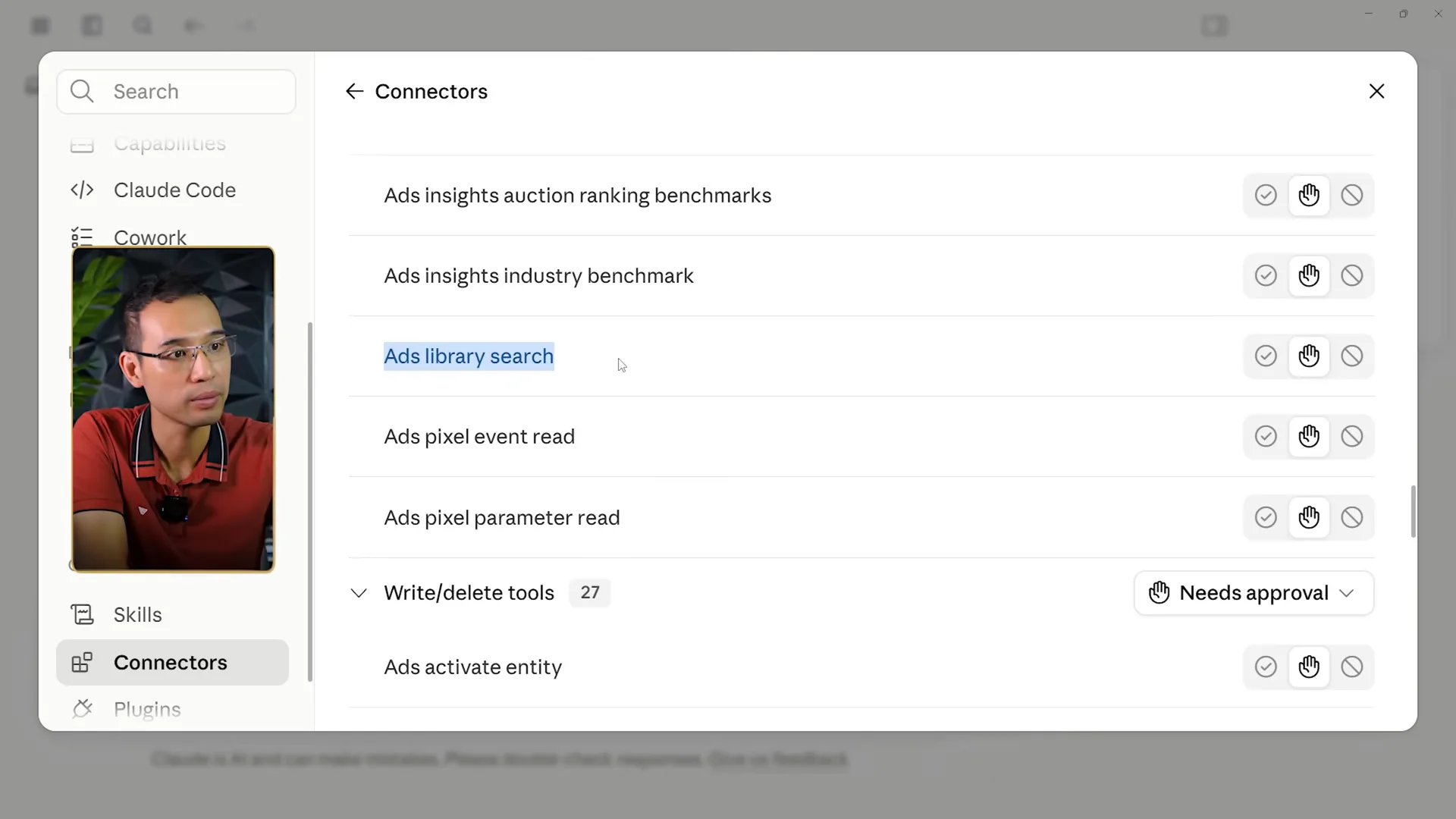 Danh sách quyền từng tool của MCP connector Facebook Ads, nhóm tool chỉ đọc và nhóm Write delete tools 27 tool đang để chế độ Needs approval