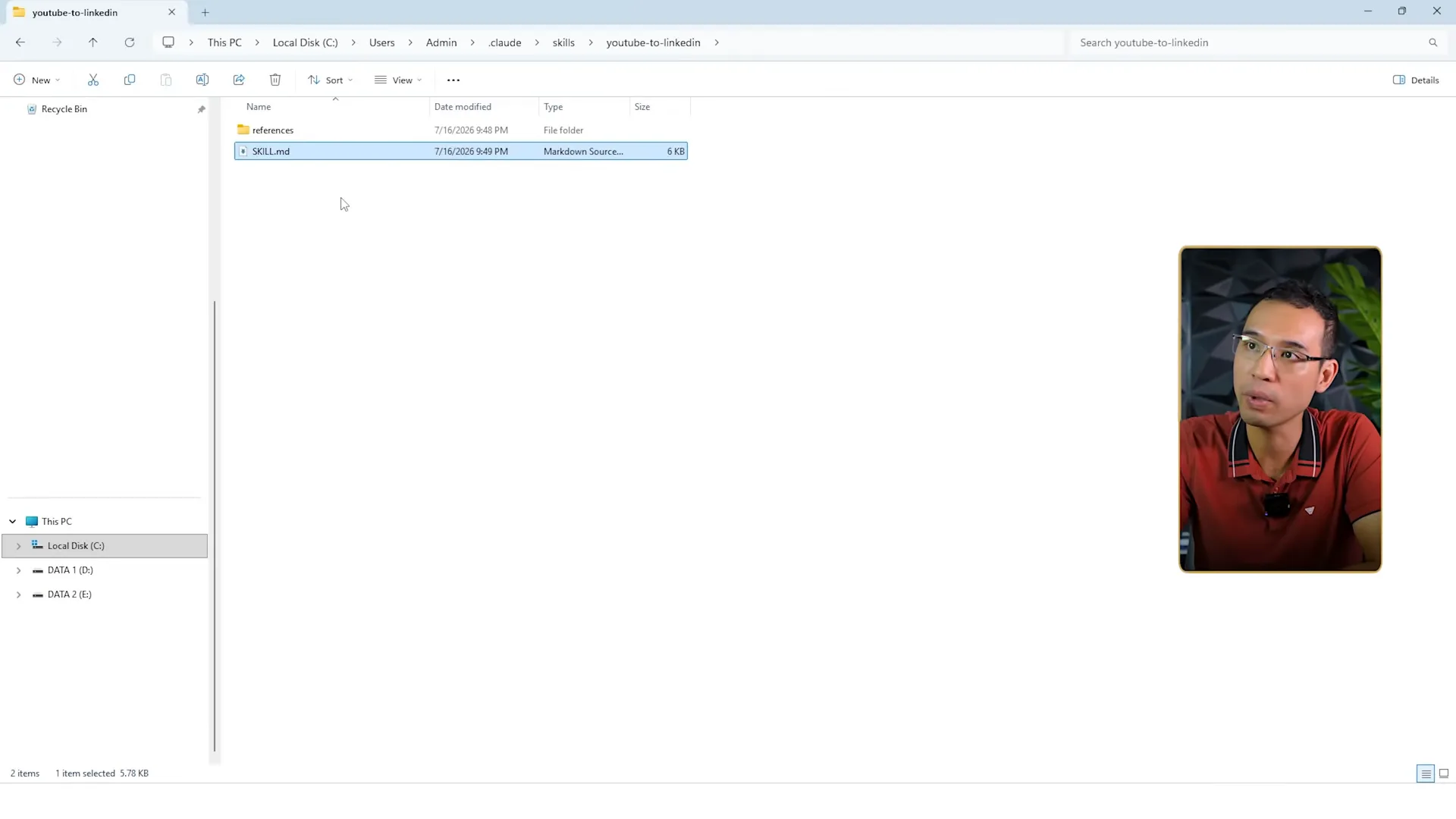 Thư mục skill youtube-to-linkedin trong C ổ đĩa Users Admin chấm claude skills, bên trong chỉ có thư mục references và file SKILL.md nặng 6 KB