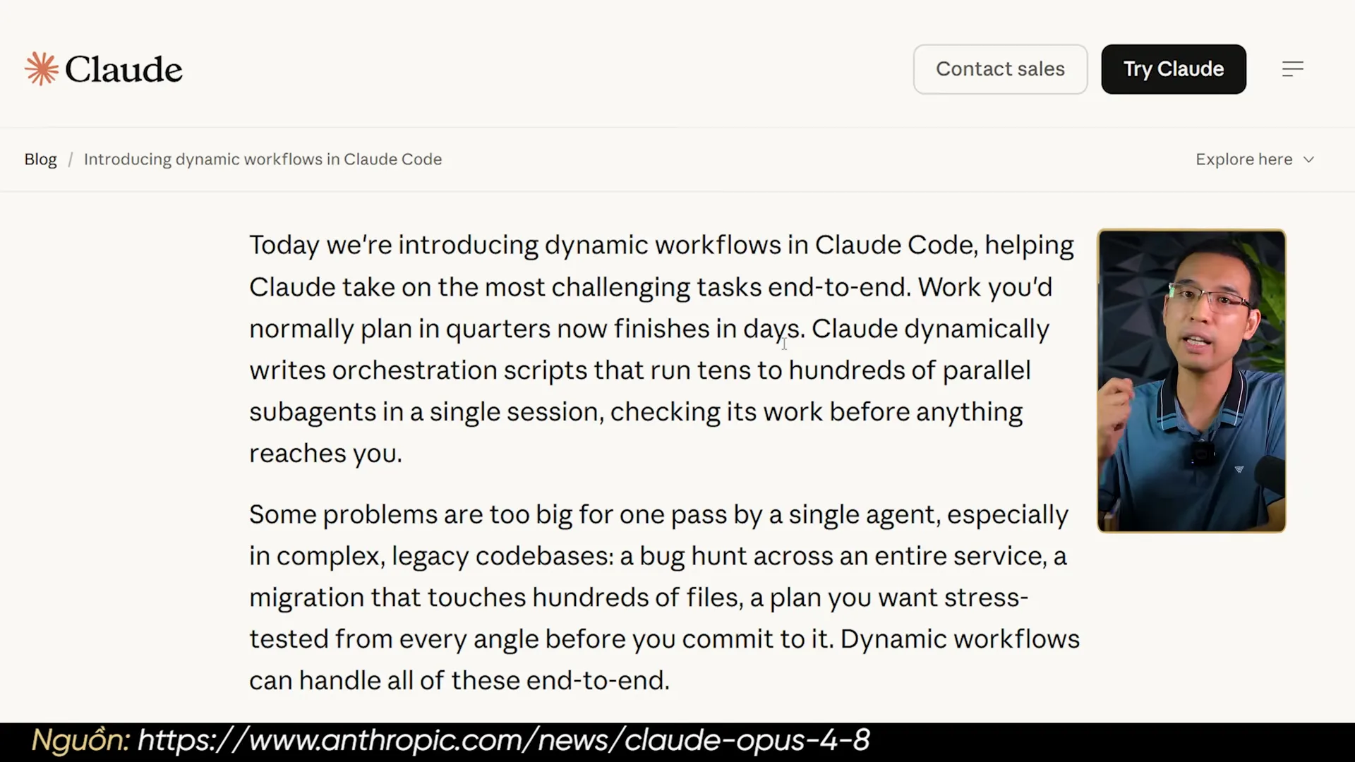 Trang blog Anthropic giới thiệu dynamic workflows trong Claude Code, mô tả Claude tự viết kịch bản điều phối chạy hàng chục tới hàng trăm subagent song song