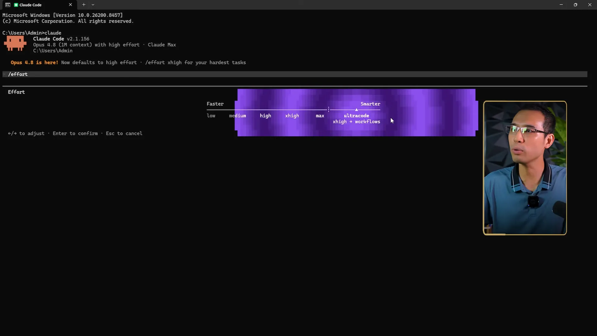 Menu effort của Claude Code hiện các nấc low, medium, high, xhigh, max và ultracode với chú thích xhigh cộng workflows