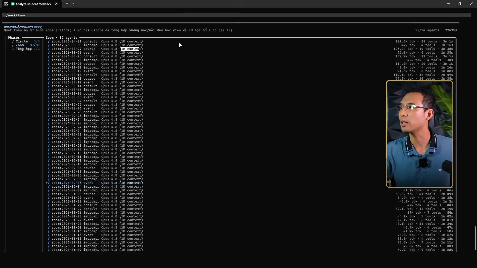 Danh sách 87 agent Zoom trong panel workflows, mỗi agent chạy Opus 4.8 với 1 triệu context và có số token riêng từ vài chục nghìn tới 444 nghìn