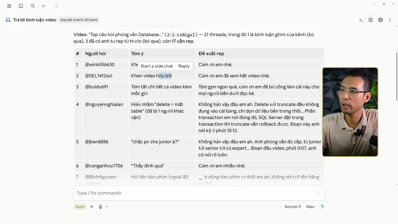 Bảng đề xuất trả lời bình luận trong Claude Code, cột người hỏi, cột tóm ý, cột đề xuất rep, một dòng ghi rõ đoạn này anh nói kỹ ở phút 10:12