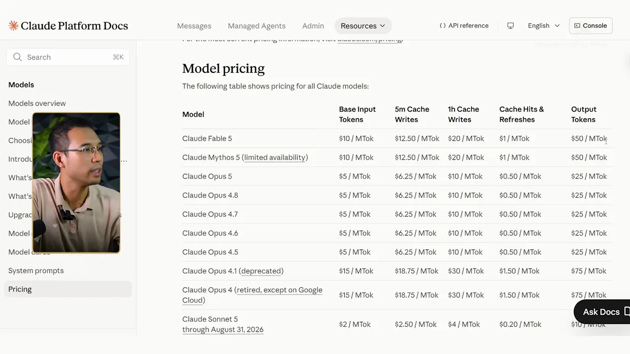 Trang Claude Platform Docs mục Model pricing, bảng liệt kê giá input và output theo triệu token cho Fable 5, Opus 5, Sonnet 5
