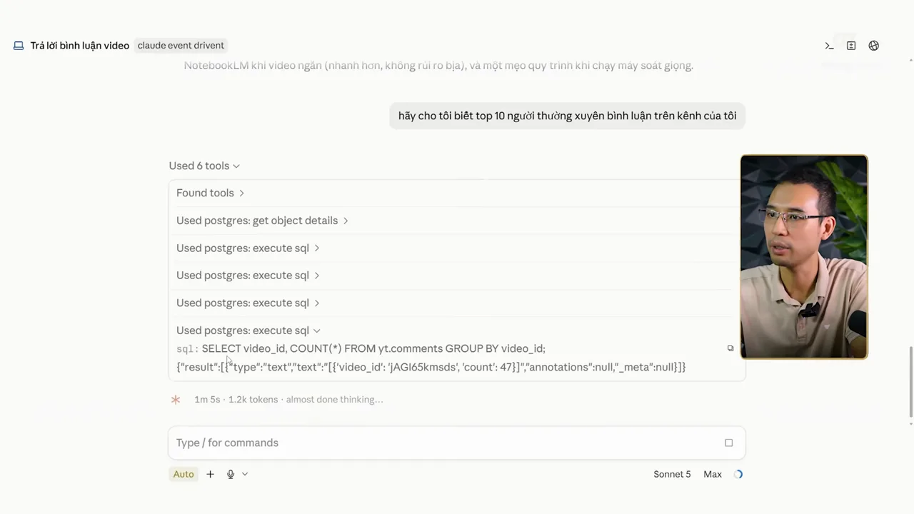 Claude Code chạy công cụ postgres execute sql, hiển thị câu lệnh SELECT video_id COUNT sao FROM yt.comments GROUP BY video_id và chỉ tốn 1,2 nghìn token