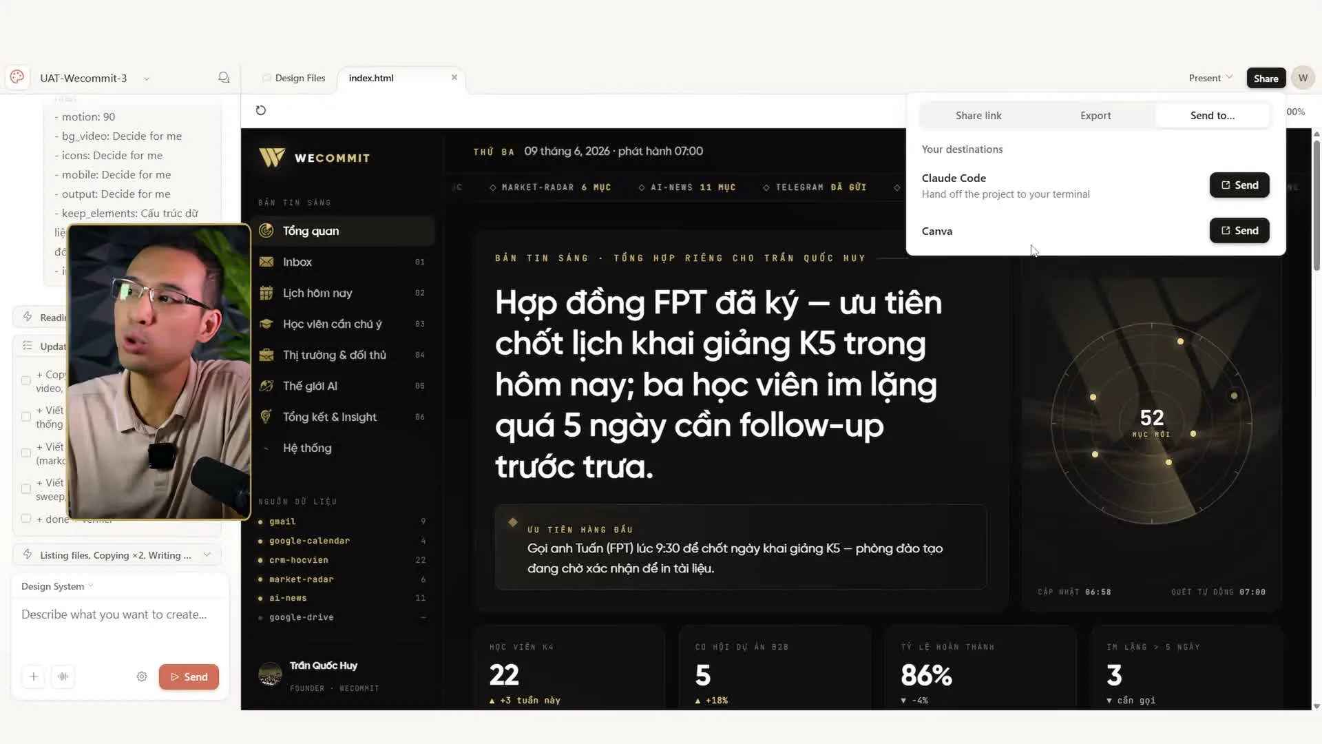 Bảng Send to trong Claude Design, có hai đích đến là Claude Code kèm dòng Hand off the project to your terminal, và Canva