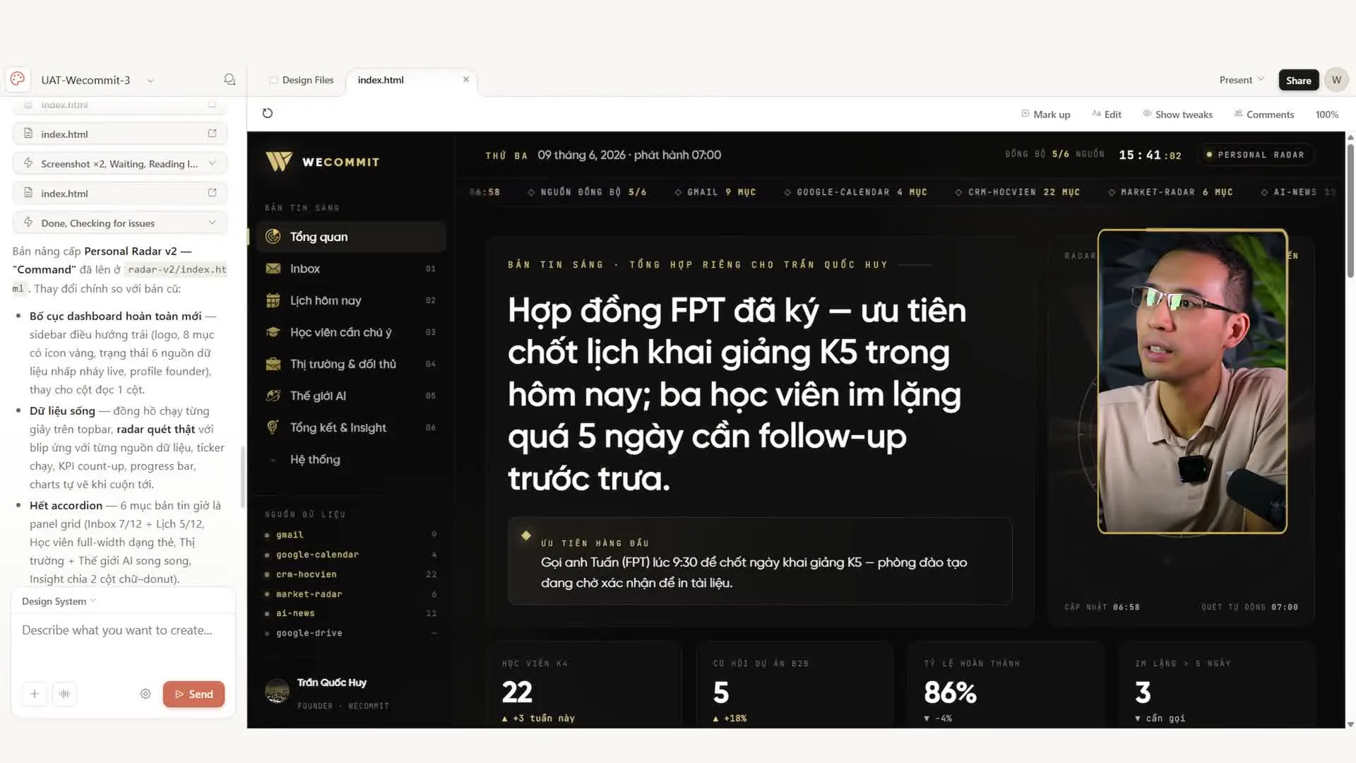 Bản nâng cấp giao diện của Fable 5, có thanh điều hướng trái tám mục, hàng bốn ô số và vòng radar nguồn dữ liệu bên phải