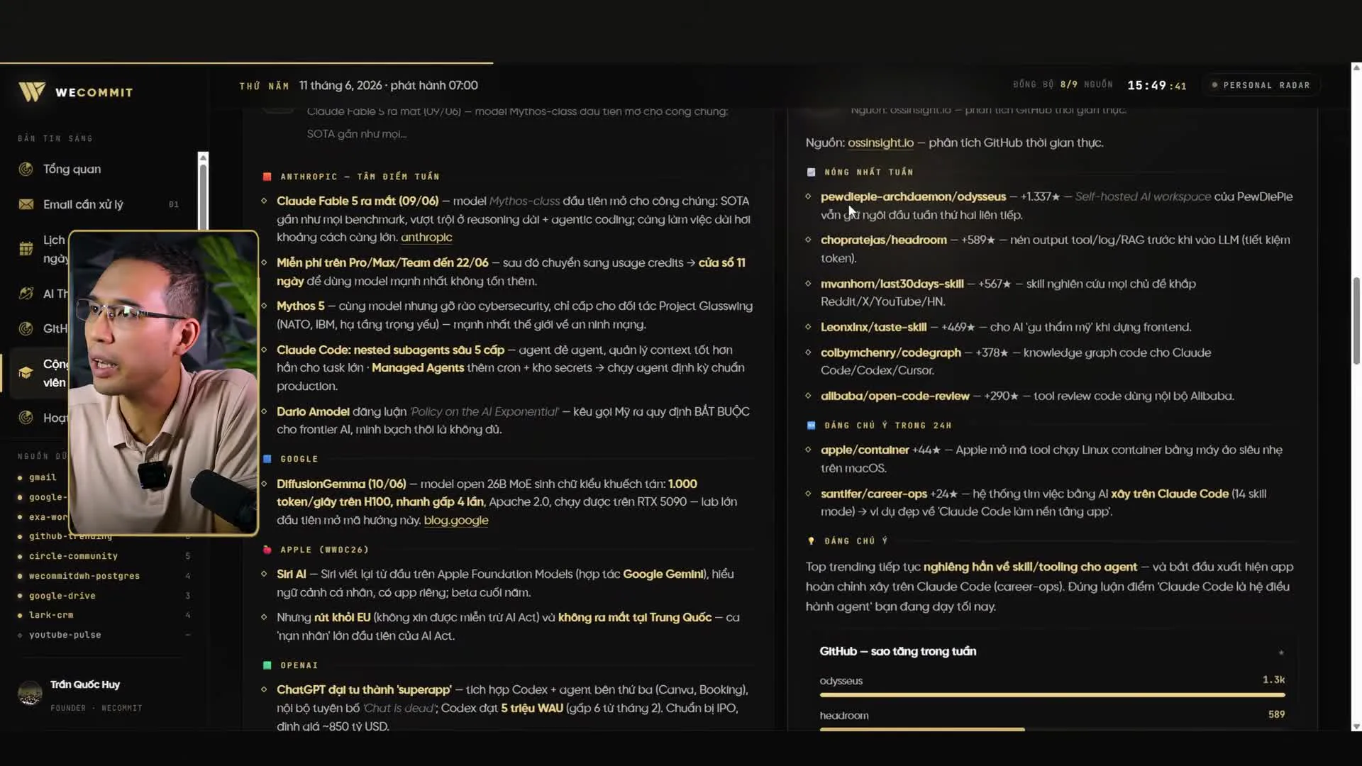 Khối Thế giới AI và bảng GitHub sao tăng trong tuần, dẫn đầu là odysseus 1.3k sao, kế đến headroom 589 và last30days-skill 567