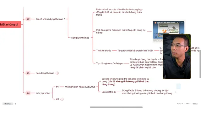 Mindmap ghi lưu ý: miễn phí đến 22/6/2026, sau đó trả tiền theo mức sử dụng ngoài thuê bao, và dùng Fable 5 bị tính tương đương gấp đôi định mức thông thường