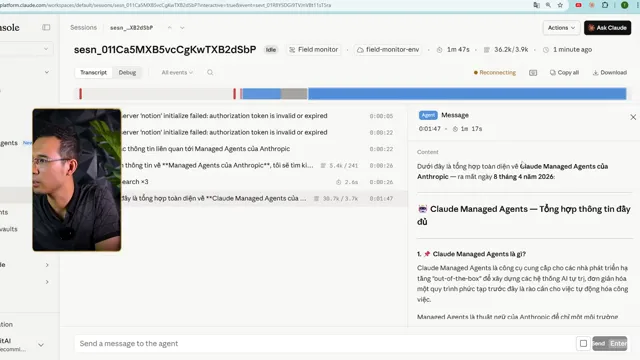 Màn hình session đang chạy, hai dòng đỏ báo server notion initialize failed authorization token is invalid or expired, ngay dưới đó agent vẫn chạy tiếp và bắt đầu tìm thông tin trên web