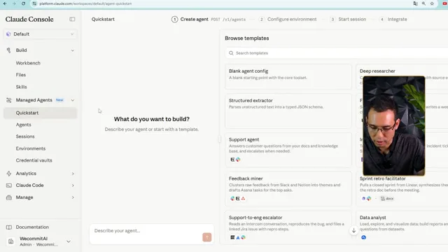Giao diện Claude Console, cột trái mở nhóm Managed Agents gồm Quickstart, Agents, Sessions, Environments và Credential vaults, bên phải là thư viện template agent