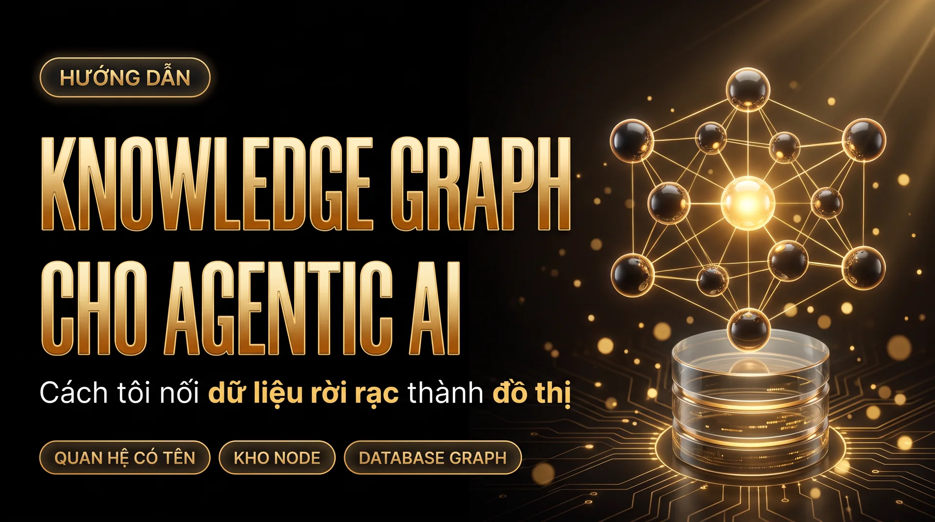 Ảnh bìa bài viết Knowledge Graph cho Agentic AI, nền đen chữ vàng, hình đồ thị 3D nối các node trên một khối database