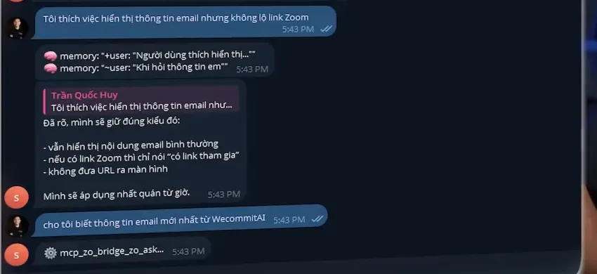 Cửa sổ chat với trợ lý, hai dòng memory ghi lại sở thích của người dùng ngay sau khi họ nói