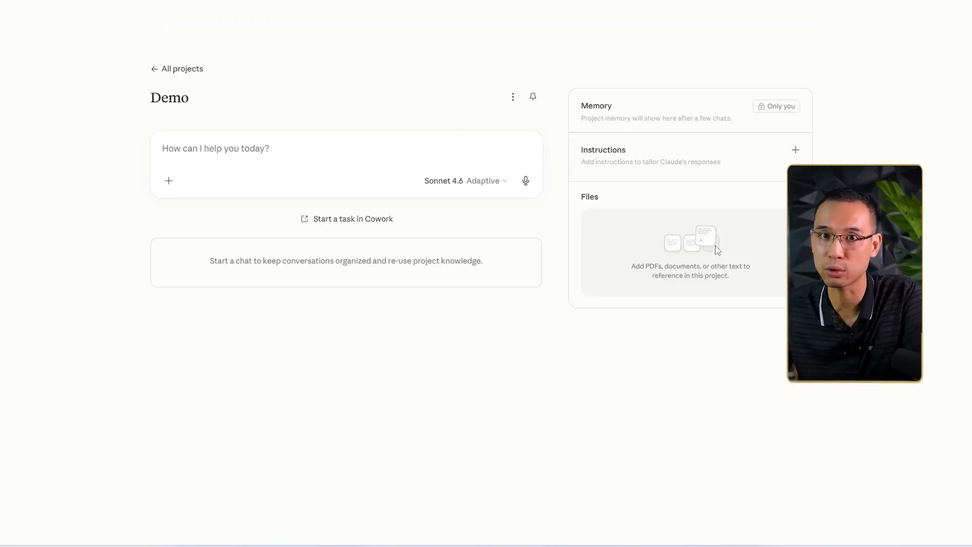Màn hình một project trong Claude với ba khối Memory, Instructions và Files