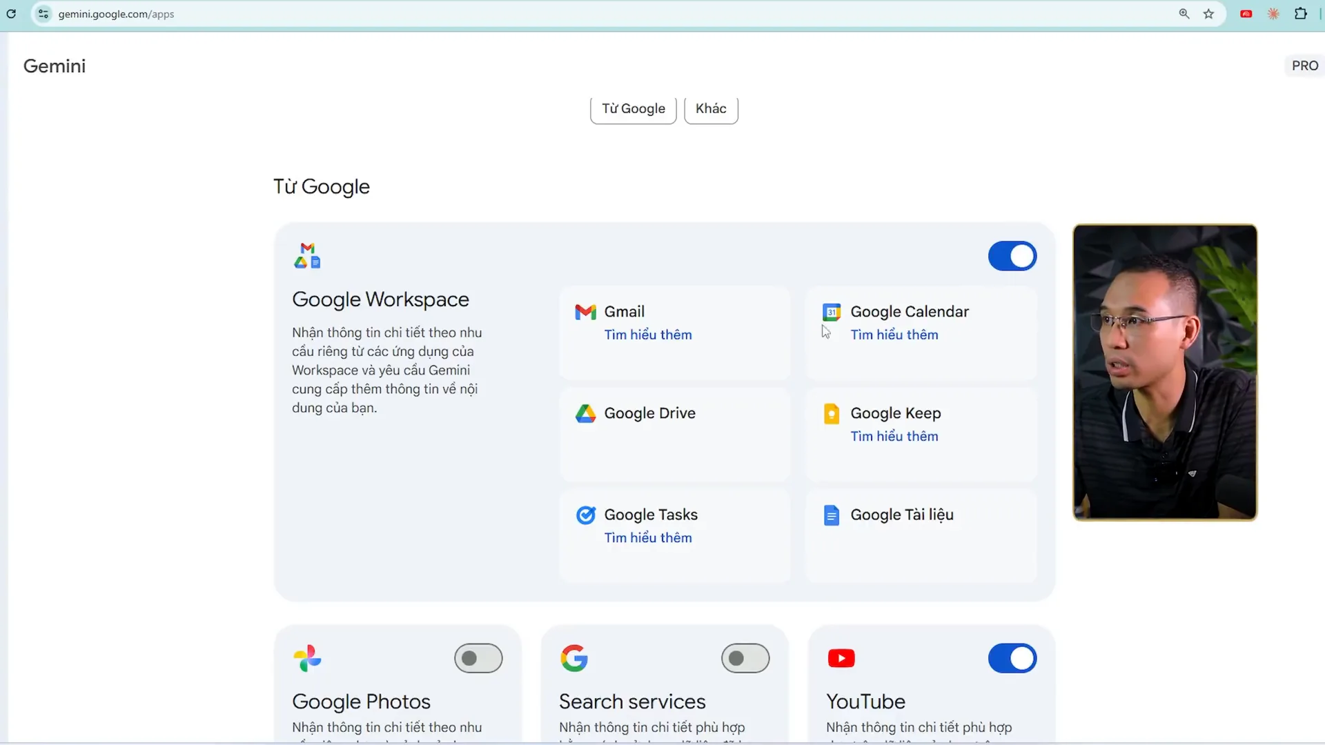 Trang cài đặt ứng dụng kết nối của Gemini, các nút gạt bật tắt từng dịch vụ Google