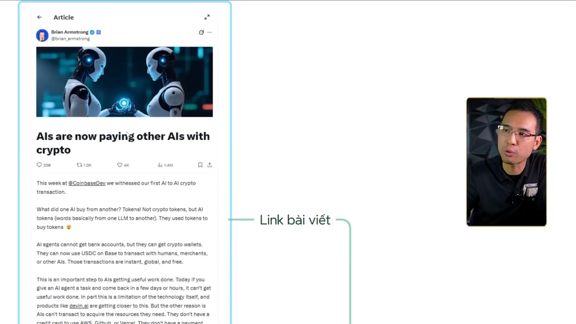 Bài viết dạng Article của Brian Armstrong trên X, ảnh bìa hai con robot chạm tay nhau, tiêu đề AIs are now paying other AIs with crypto, thân bài nói giao dịch AI với AI đầu tiên tại CoinbaseDev, một AI mua token của AI khác, AI agent không mở được tài khoản ngân hàng nhưng mở được ví crypto và dùng USDC trên Base