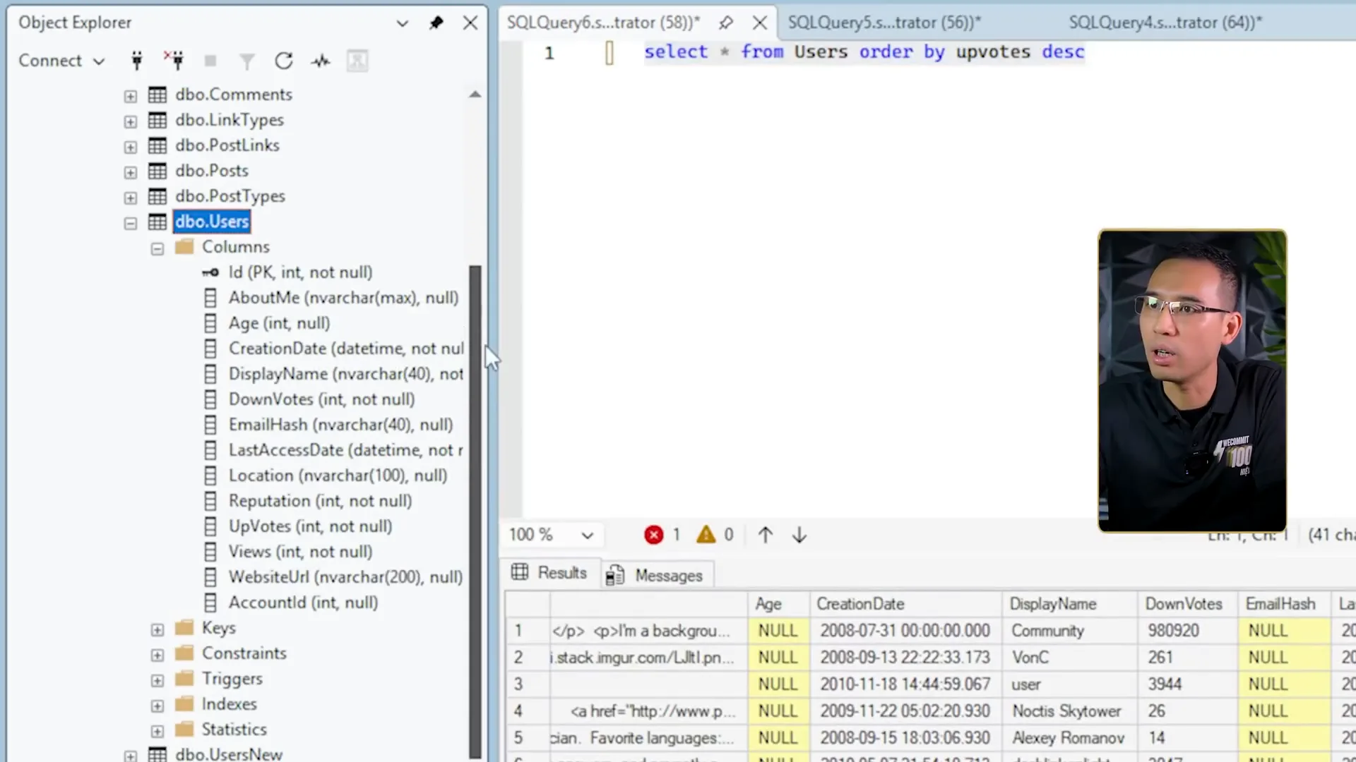 Cửa sổ SQL Server Management Studio, cây Object Explorer mở bảng dbo.Users với các cột Id, AboutMe, Age, CreationDate, DisplayName, DownVotes, EmailHash, Reputation, UpVotes, bên phải là câu lệnh select * from Users order by upvotes desc và bảng kết quả bên dưới